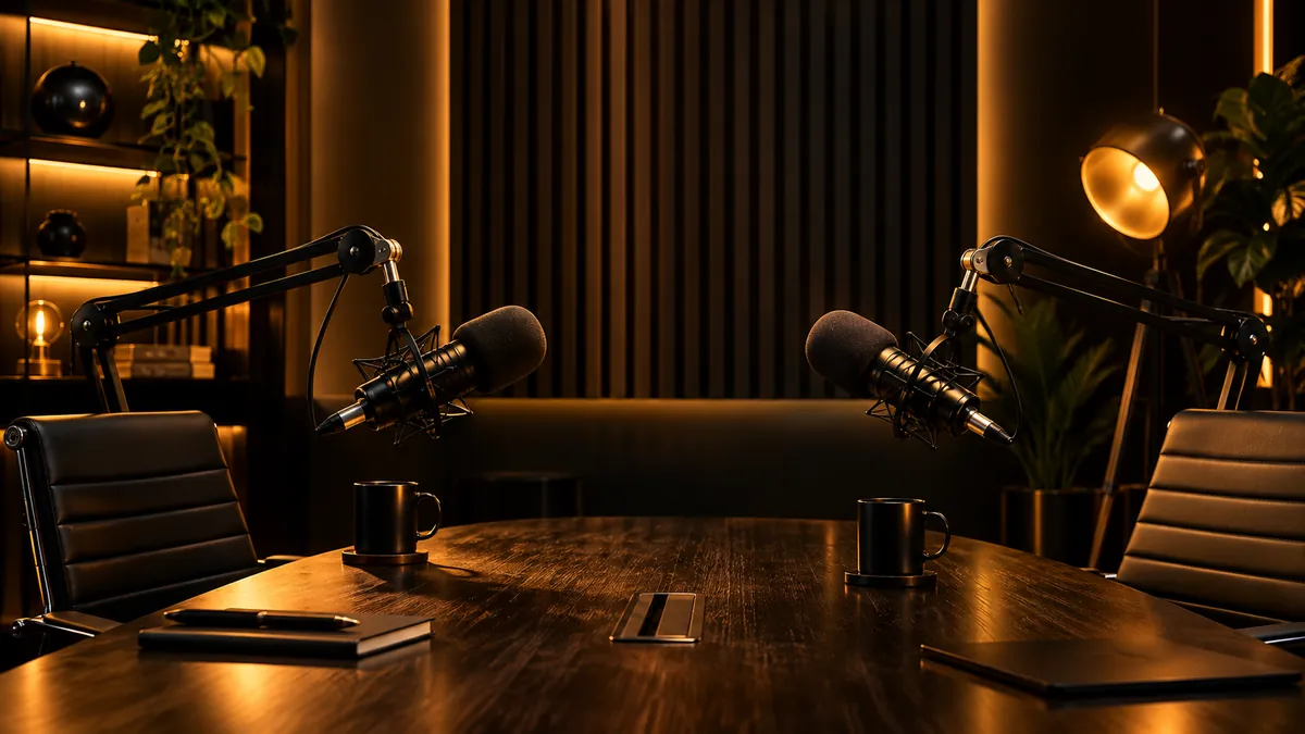 Estúdio de podcast com dois microfones sobre mesa de madeira e iluminação quente